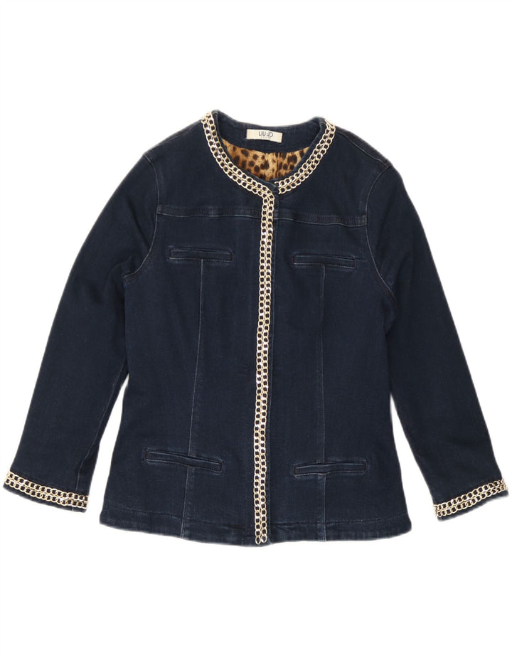 Jaqueta jeans feminina Liu Jo manga 3/4 Reino Unido 10 pequena azul marinho