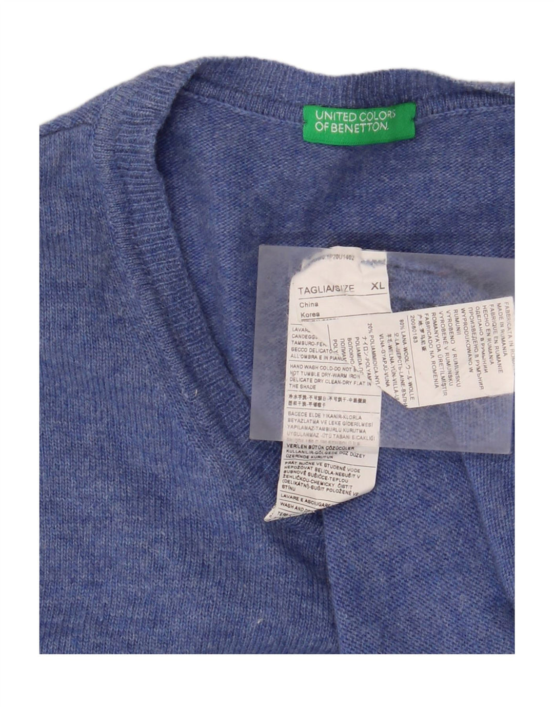Suéter masculino BENETTON com gola redonda XL de lã azul