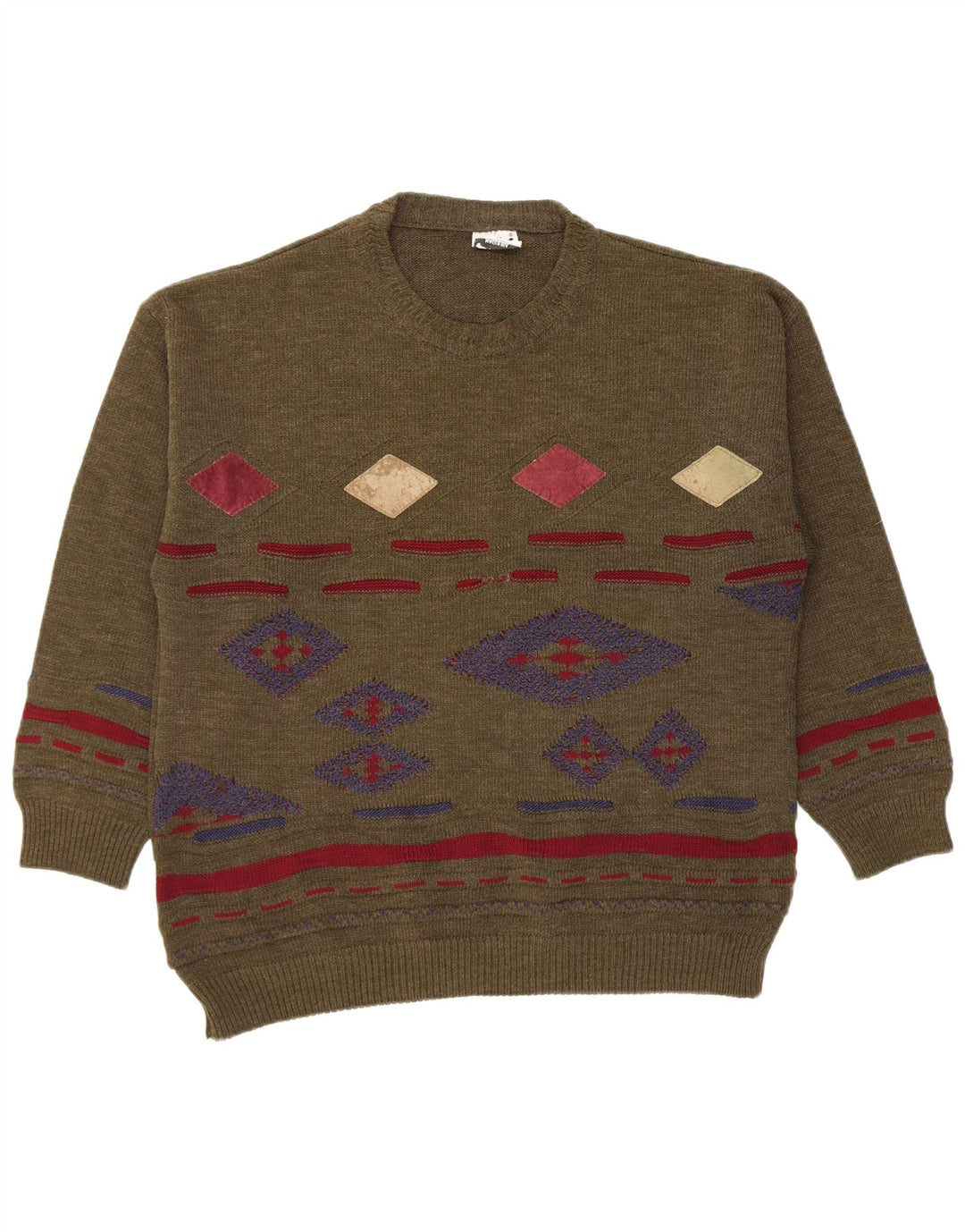 Suéter vintage masculino com gola redonda, médio cáqui Argyle/Diamante