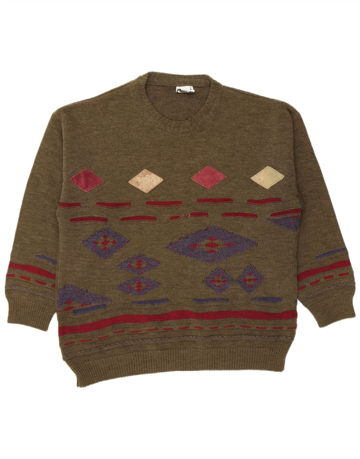 Suéter vintage masculino com gola redonda, médio cáqui Argyle/Diamante