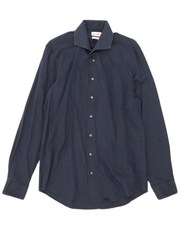 Camisa justa masculina Calvin Klein tamanho 39 15 1/2 risca de giz azul marinho médio