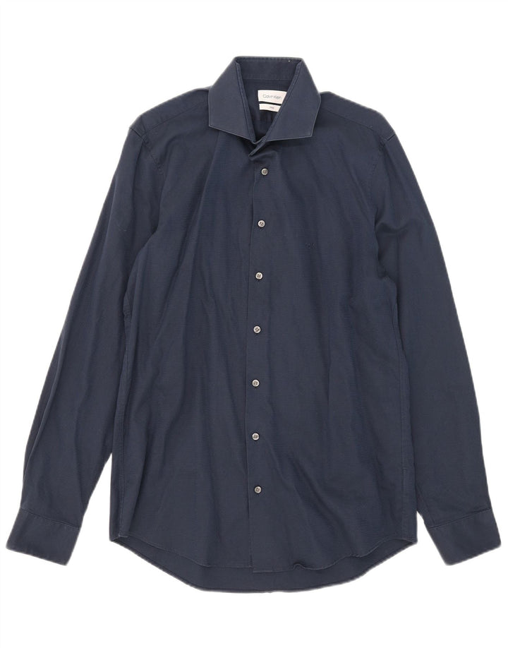 Camisa justa masculina Calvin Klein tamanho 39 15 1/2 risca de giz azul marinho médio