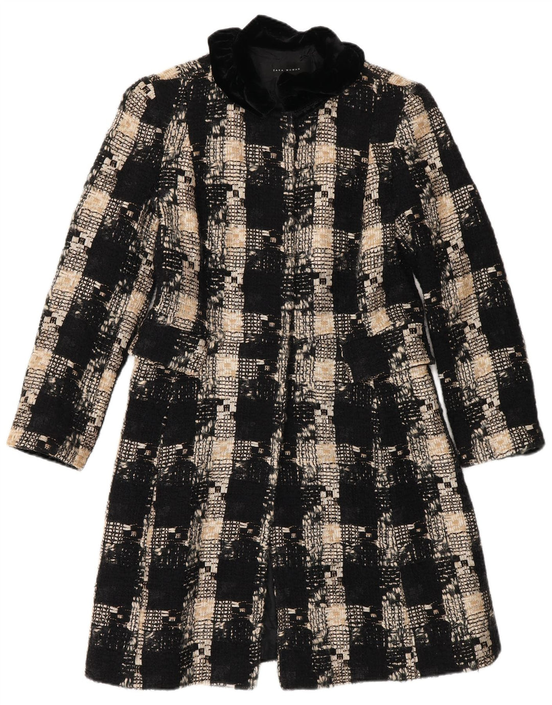 Sobretudo feminino Zara UK 12 lã xadrez preta média