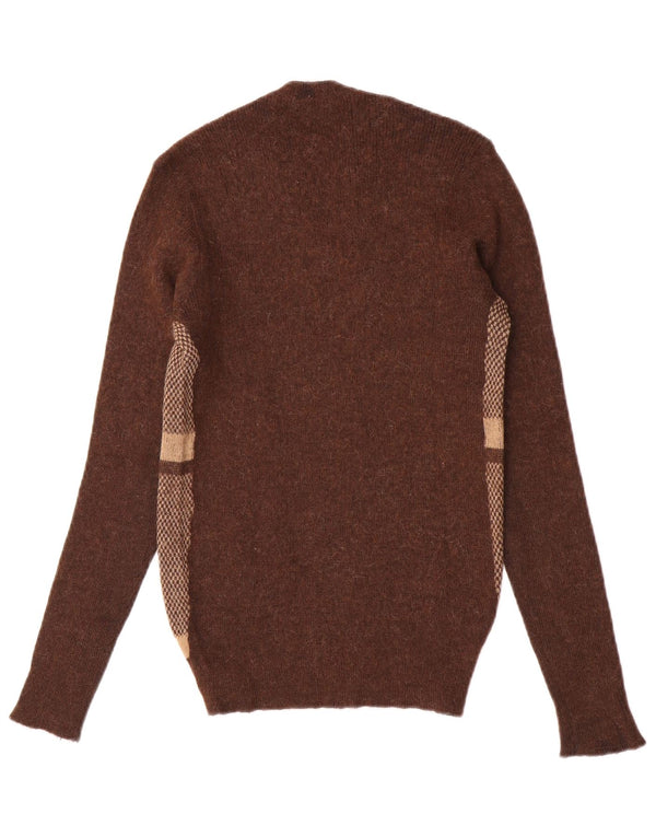 Suéter feminino vintage com decote em V UK 10 pequeno bloco colorido marrom