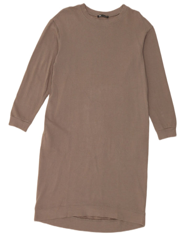 Zara Vestido feminino de manga comprida UK 10 pequeno algodão cinza