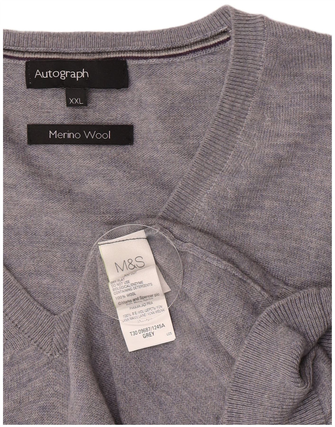 Suéter masculino Marks & Spencer Autograph com decote em V 2XL lã cinza