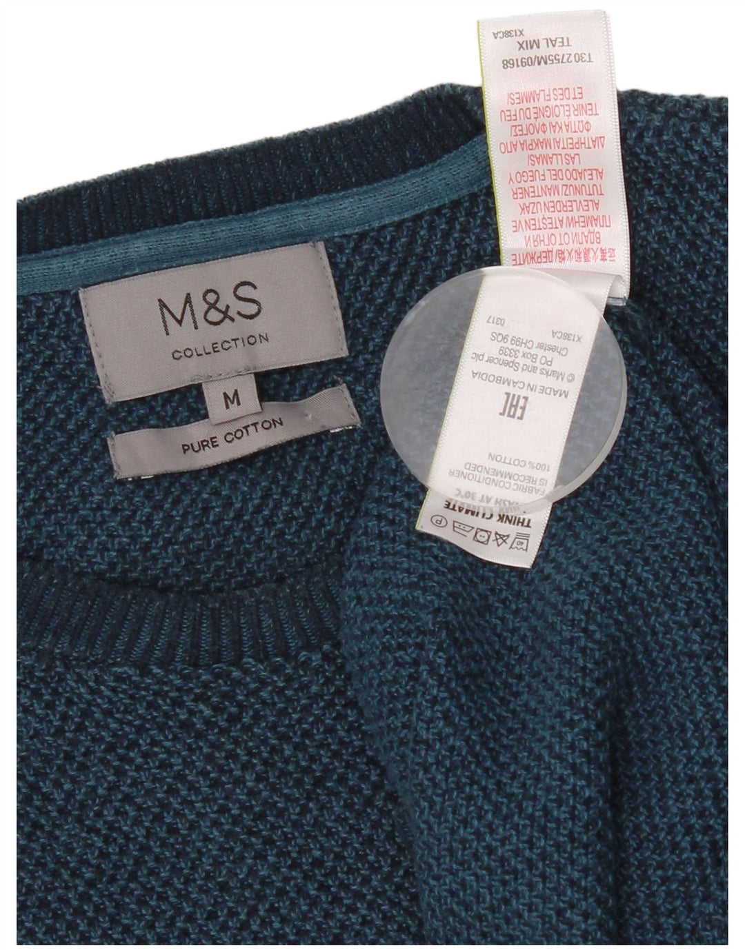 Suéter masculino Marks & Spencer com gola redonda, algodão azul médio