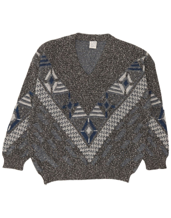 Suéter masculino VINTAGE com decote em V UK 46/48 2XL geométrico multicolorido