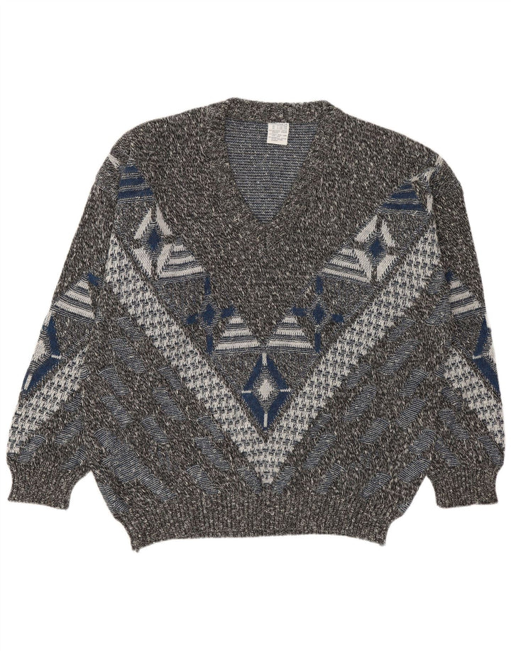 Suéter masculino VINTAGE com decote em V UK 46/48 2XL geométrico multicolorido