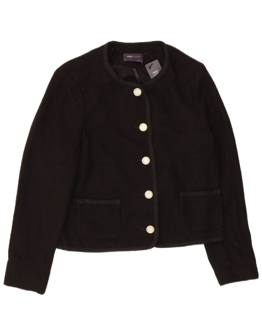 Jaqueta blazer feminina de 5 botões Marks & Spencer Reino Unido 14 grande algodão preto