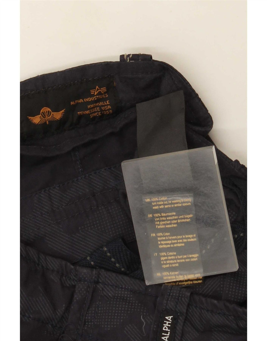 Shorts cargo masculino Alpha Industries W31 algodão camuflado azul marinho médio