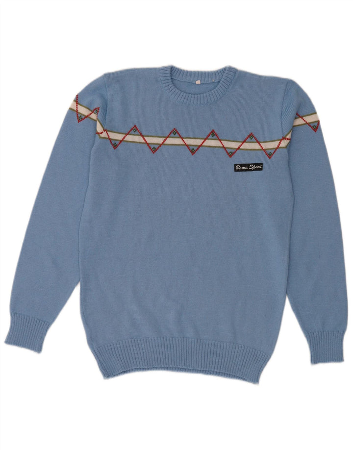 Suéter vintage masculino com gola redonda, lã geométrica pequena azul