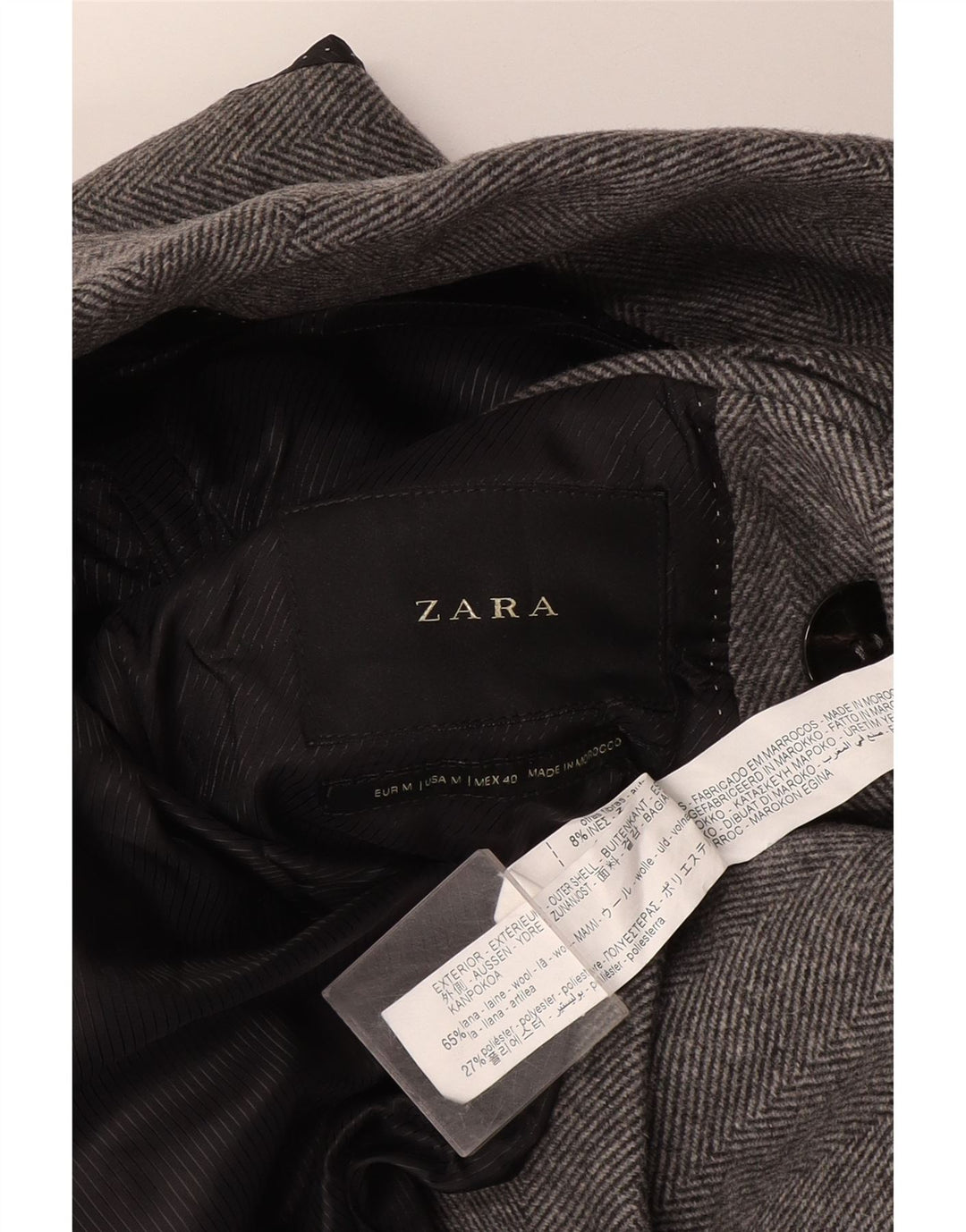 Casaco masculino Zara com peito duplo Reino Unido 38 lã espinha de peixe cinza médio