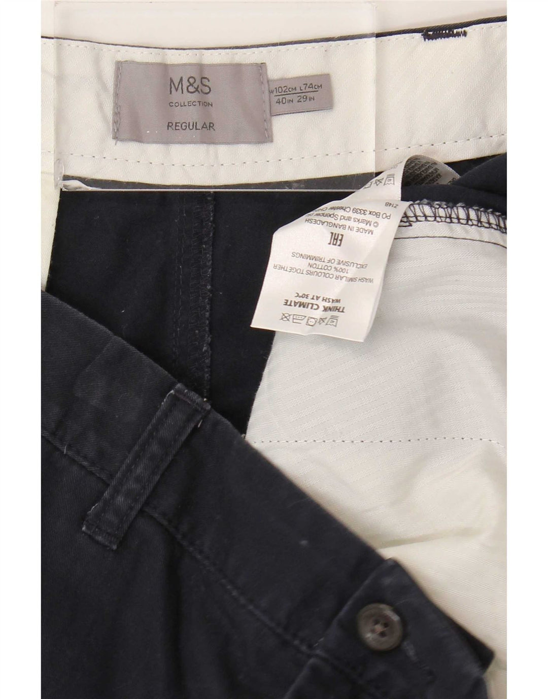 Calça chino masculina Marks & Spencer regular W40 L29 algodão azul marinho