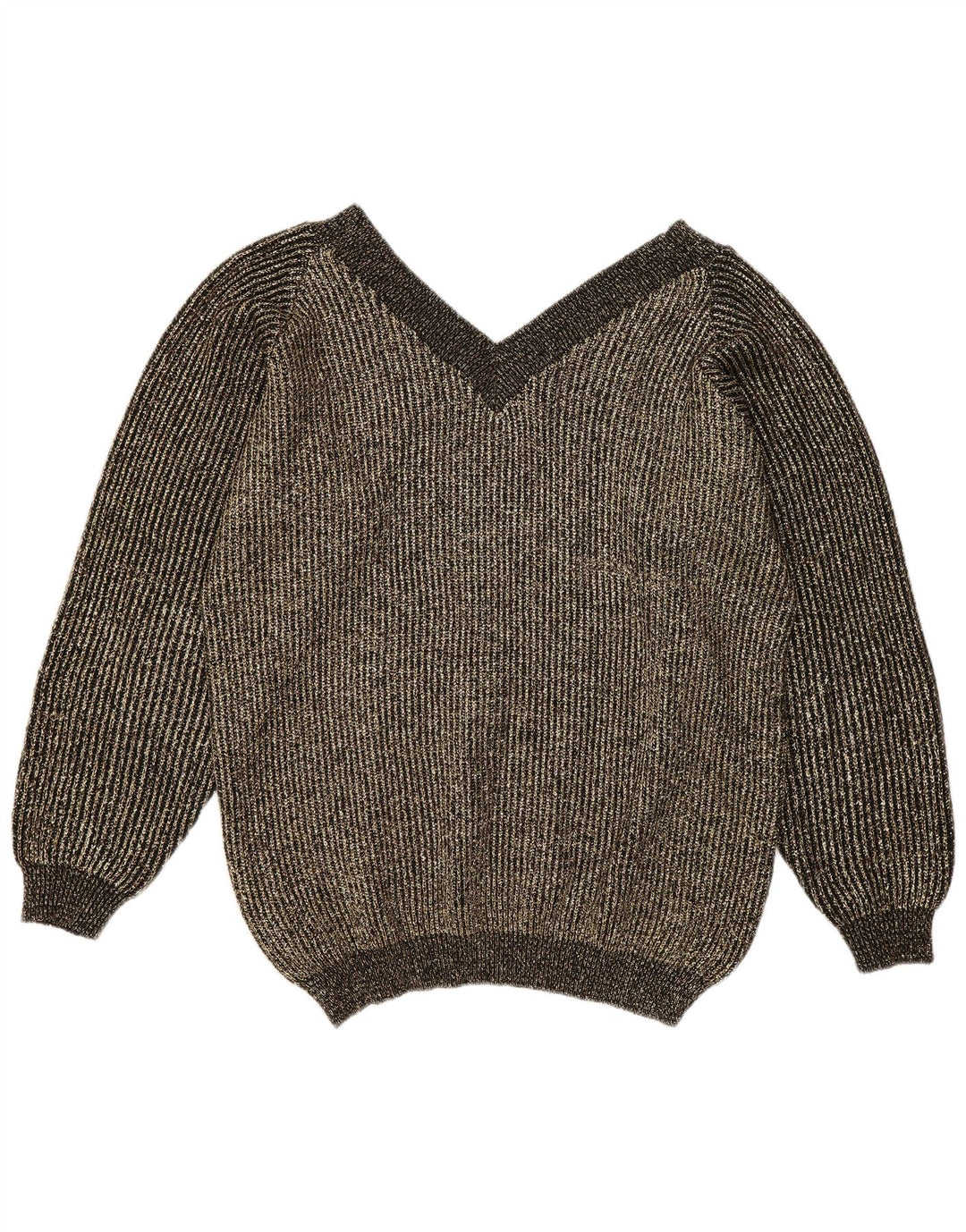 Suéter feminino vintage grande com decote em V UE 40 médio dourado salpicado