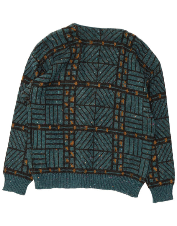 Suéter cardigã feminino vintage de grandes dimensões Reino Unido 18 XL verde geométrico
