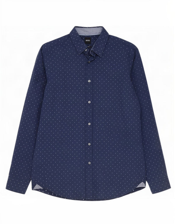 Camisa masculina Hugo Boss Regular Fit grande algodão manchado azul marinho
