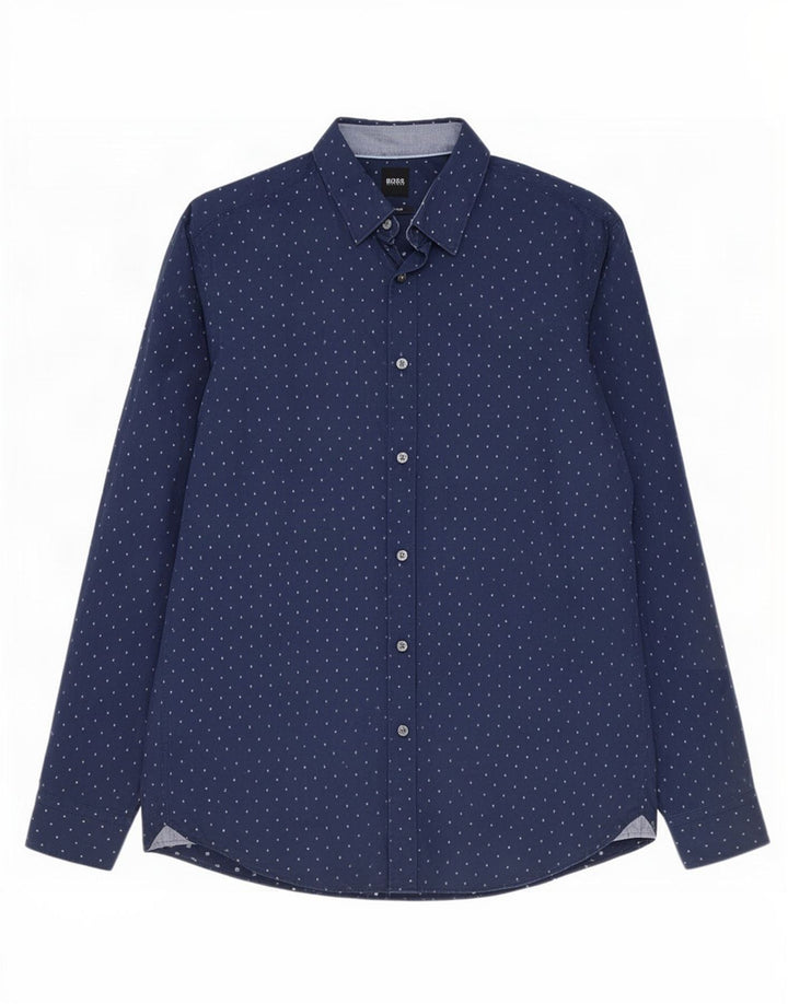 Camisa masculina Hugo Boss Regular Fit grande algodão manchado azul marinho