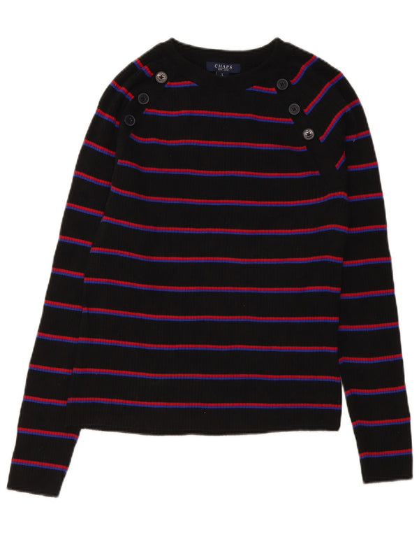Chaps Womens Boat Neck Jumper Sweater UK 14 Large Black Striped Cotton