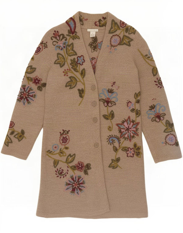 Vintage Womens Longline Cardigan Sweater UK 14 Medium Beige Floral Wool