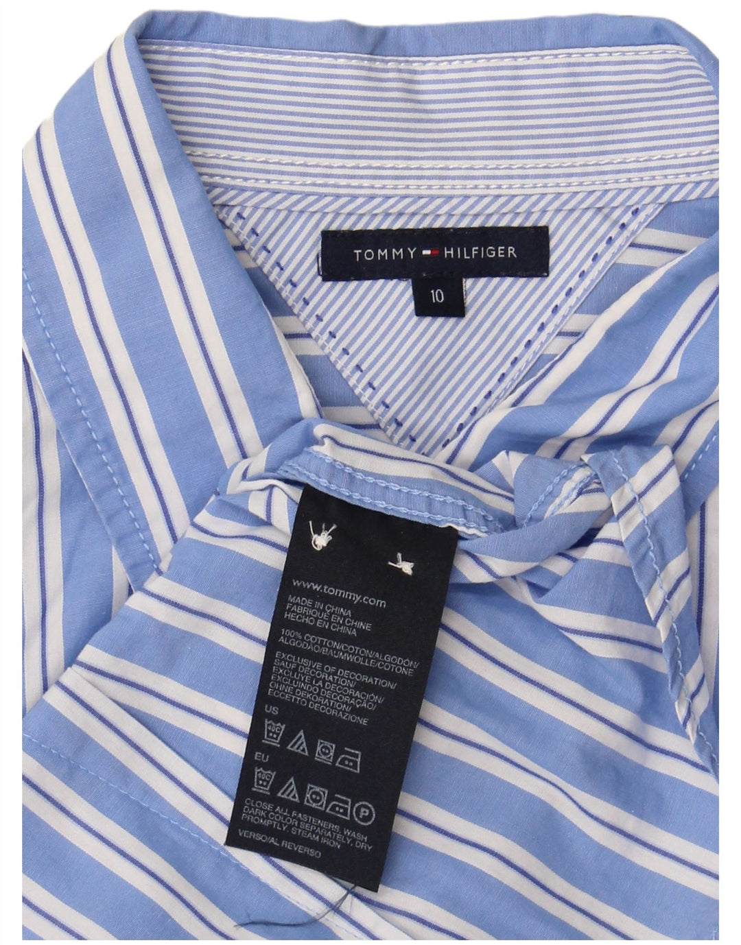 Camisa feminina TOMMY HILFIGER com babados na frente EUA 10 algodão listrado azul grande