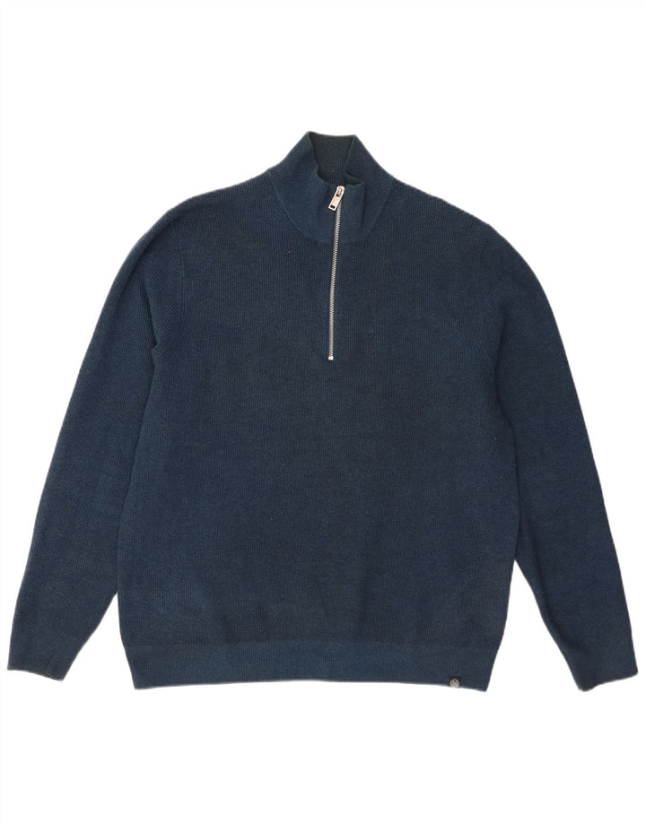 Suéter masculino Marks & Spencer com zíper e gola alta de algodão azul marinho