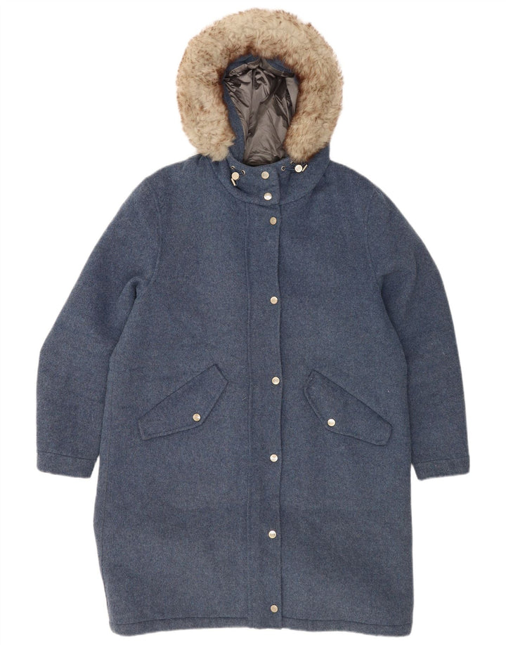 Sobretudo feminino Massimo Dutti com capuz grande tamanho Reino Unido 16 grande lã azul