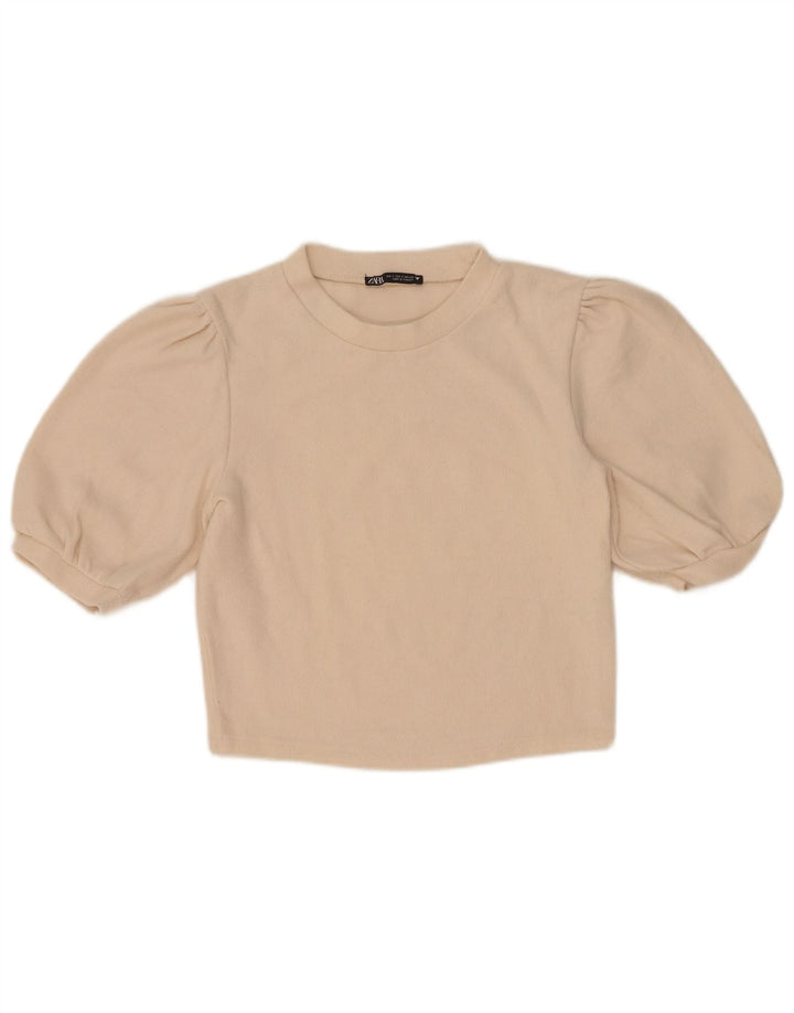 Blusa feminina Zara Top UK 10 pequeno algodão bege