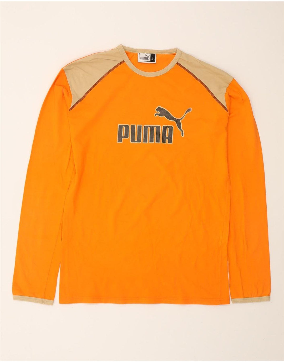 PUMA Mens Graphic Top Manga Longa Grande Laranja Colorblock Algodão