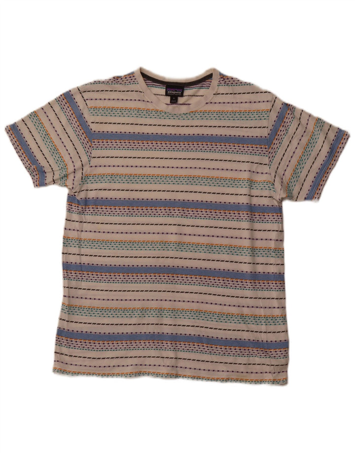 Camiseta masculina Patagonia Top médio de algodão listrado branco