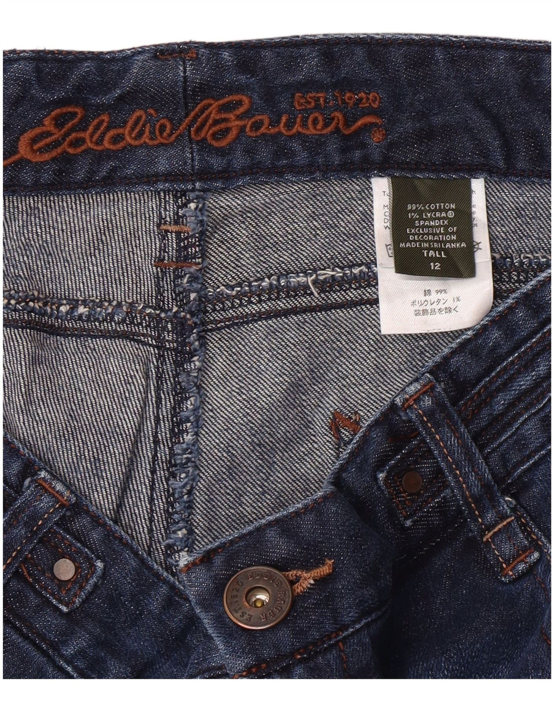 EDDIE BAUER Calça jeans feminina alta capri EUA 12 grande W34 L23 algodão azul marinho