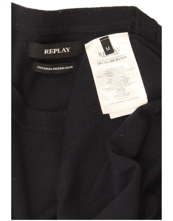 Suéter masculino Replay com gola redonda, lã Merino azul marinho médio
