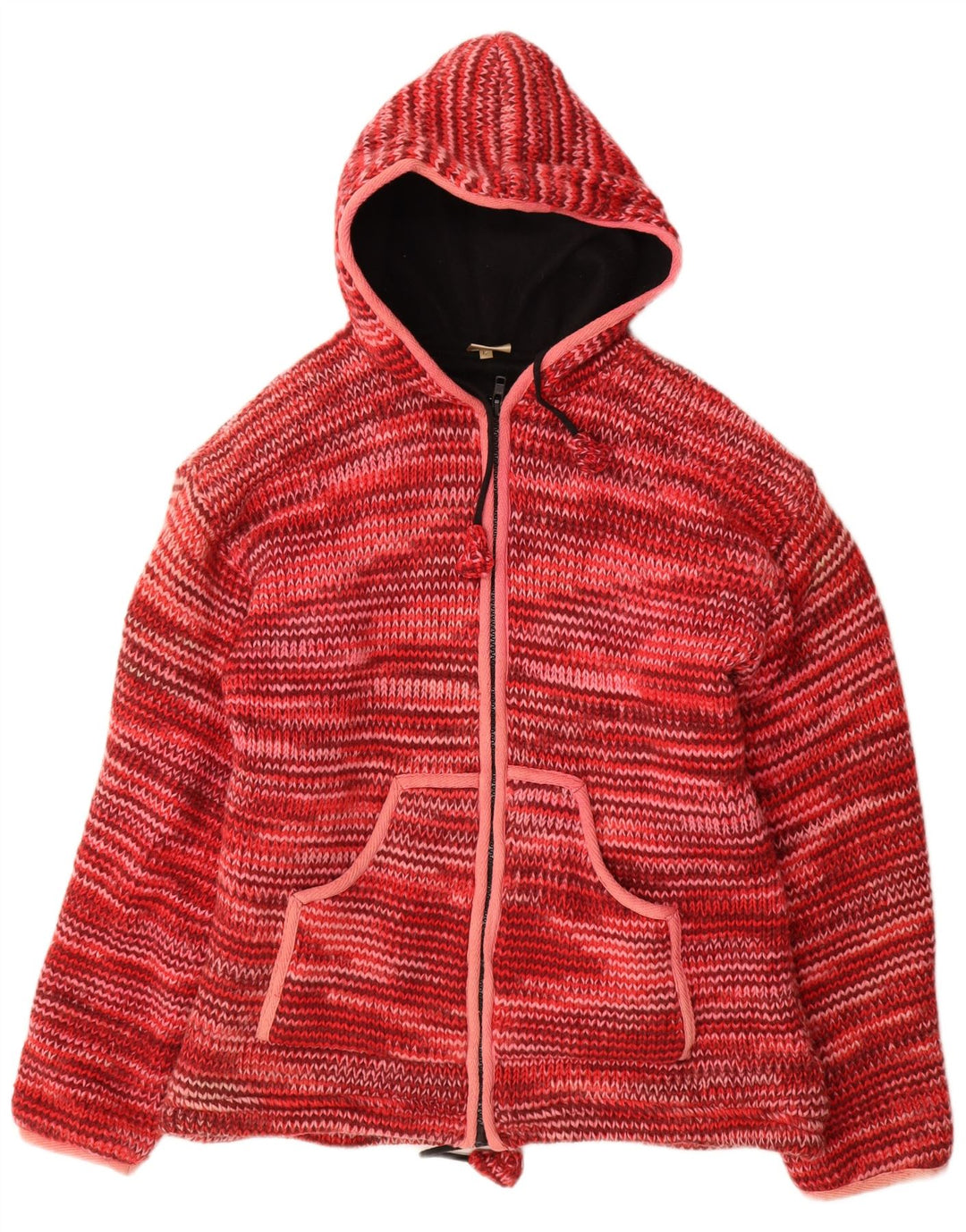 Suéter cardigã feminino VINTAGE com capuz Reino Unido 16 grande lã manchada vermelha