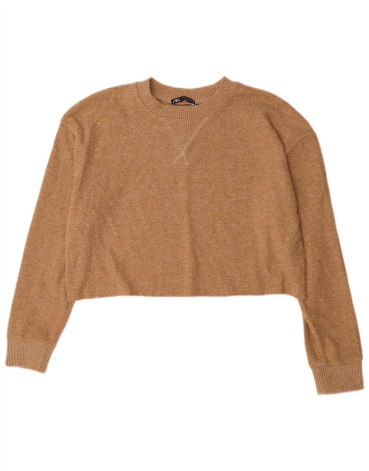 Suéter feminino ZARA com gola redonda e gola redonda, poliéster bege médio 14