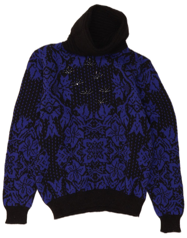 Suéter feminino vintage com gola redonda Reino Unido 14 médio preto floral