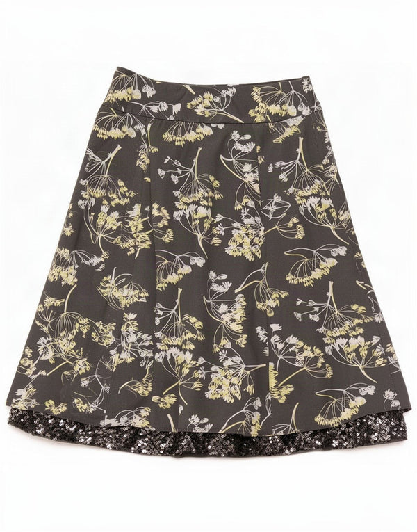 Laura Ashley Womens A-Line Saia Reino Unido 10 Pequeno W28 Algodão Floral Cinza