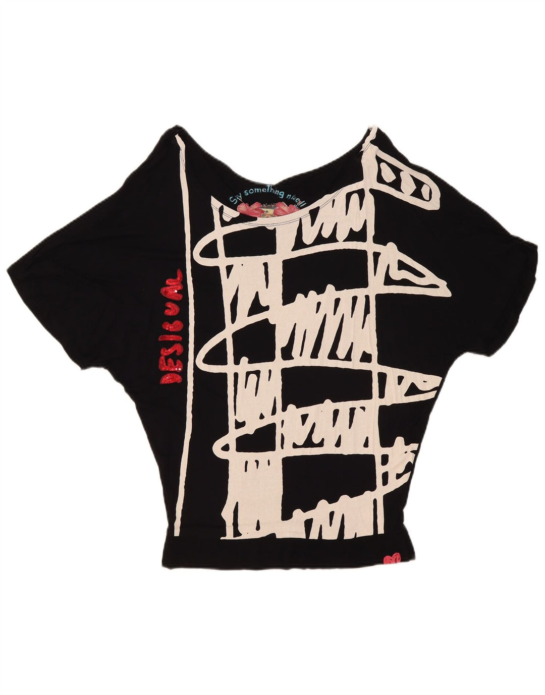 Blusa feminina Desigual com estampa batwing top Reino Unido 10 pequeno preto geométrico