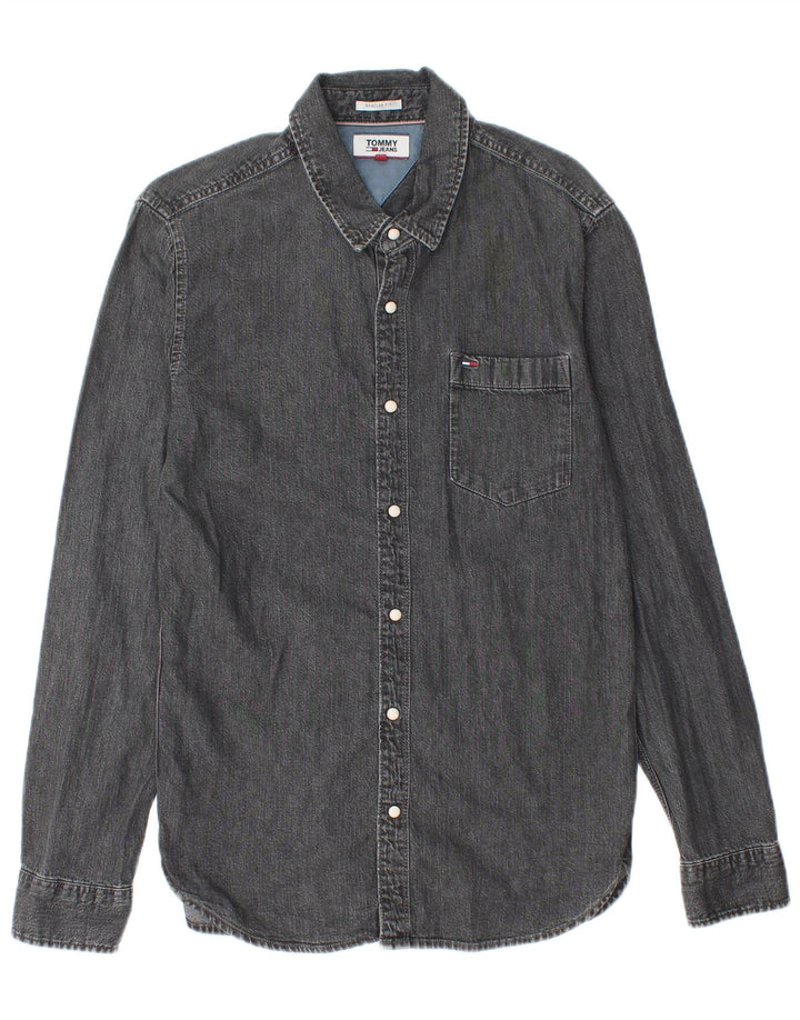 Camisa jeans masculina Tommy Hilfiger Regular Fit pequena algodão cinza