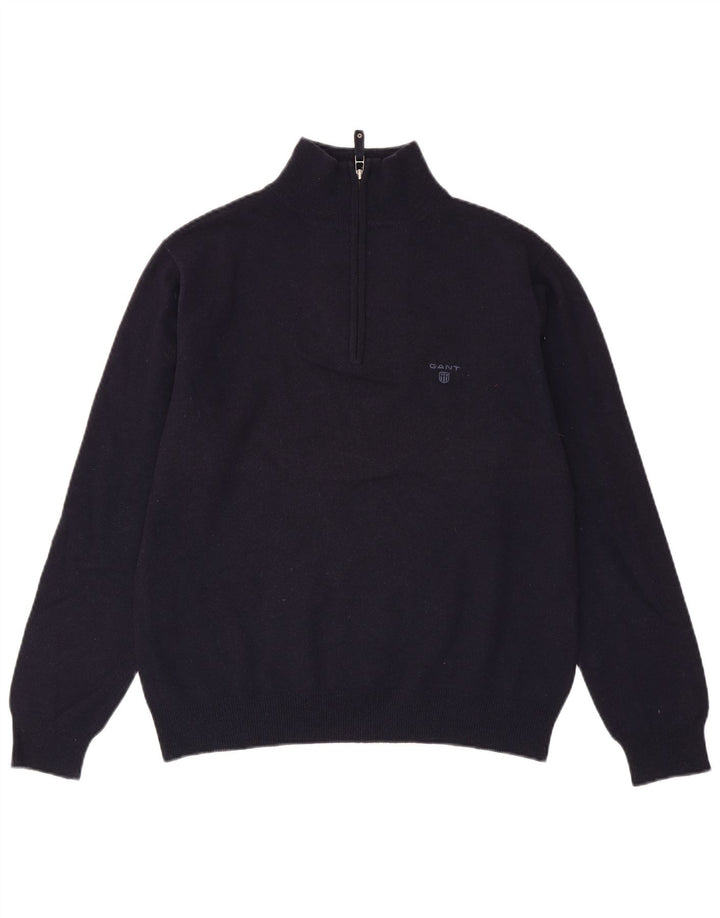 Suéter masculino GANT com zíper e gola em lã de carneiro azul marinho médio