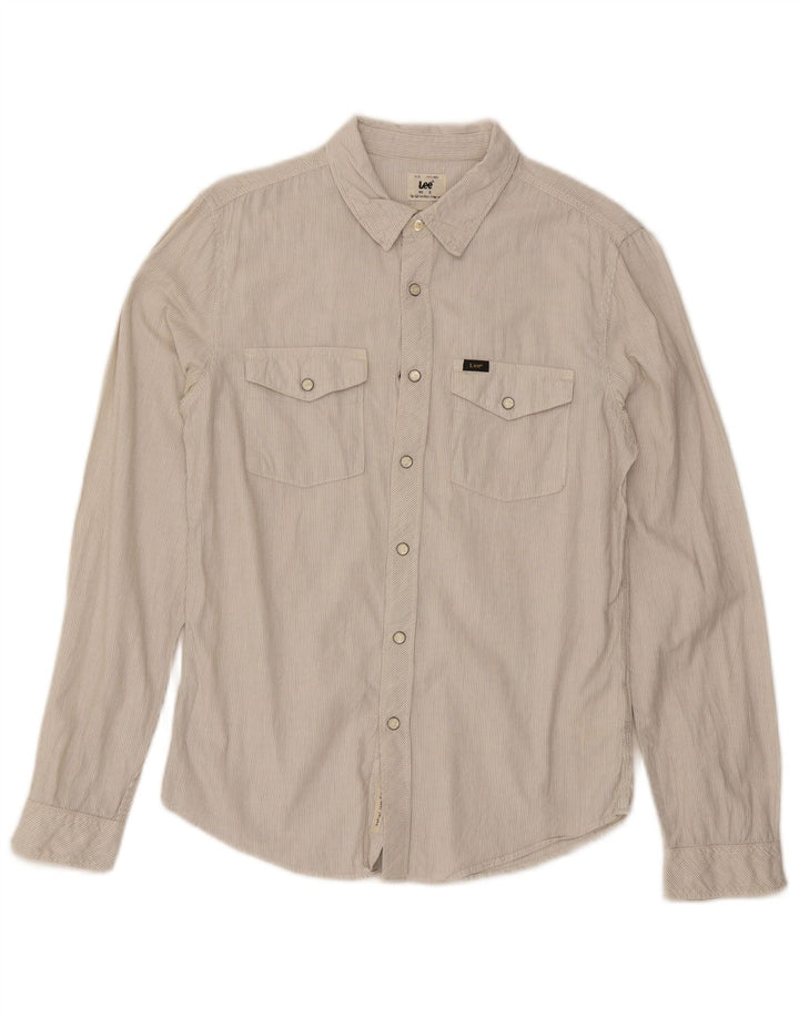Camisa masculina de flanela Lee, pequena, bege, risca de giz, algodão