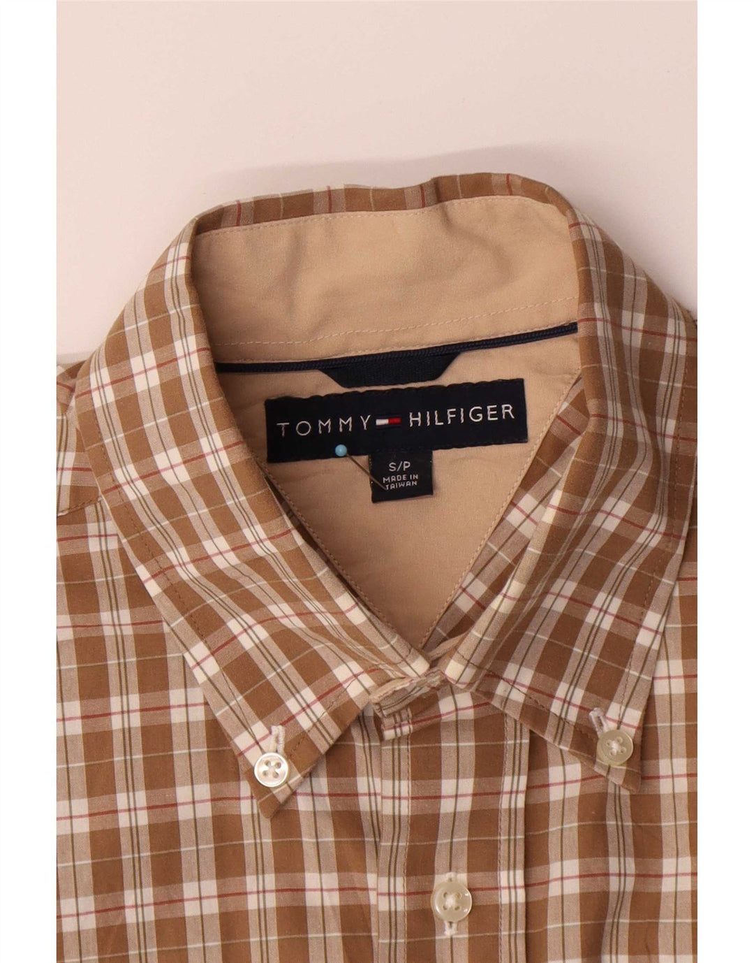 Tommy Hilfiger Camisa masculina de manga curta pequena marrom xadrez algodão