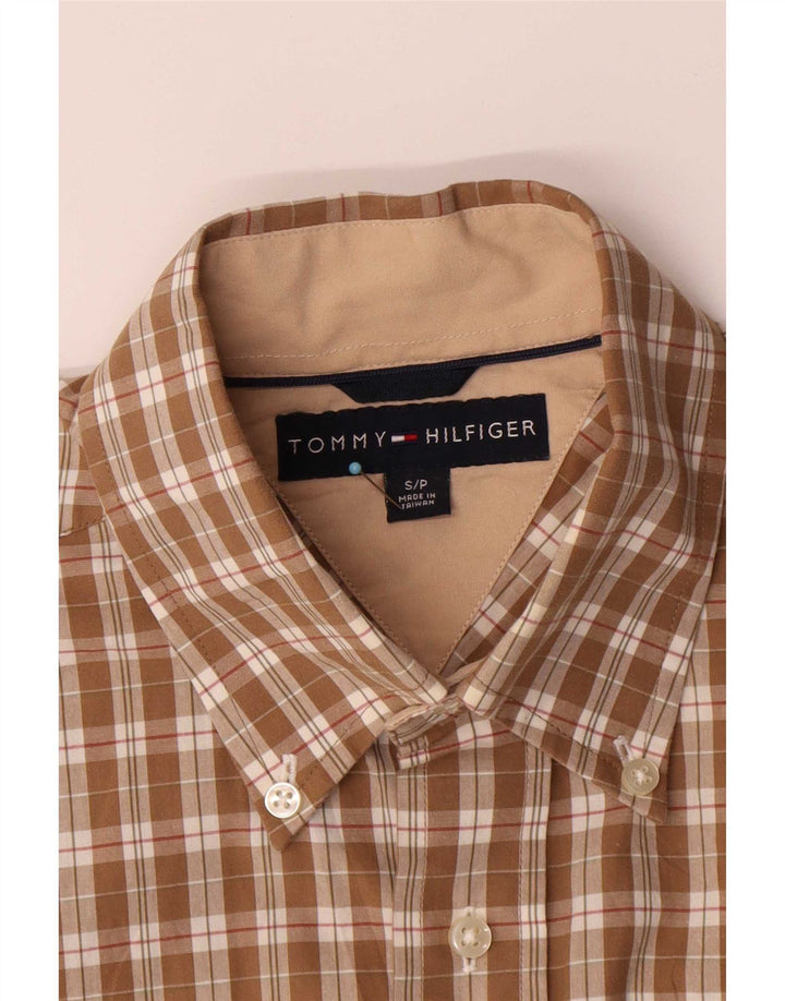 Tommy Hilfiger Camisa masculina de manga curta pequena marrom xadrez algodão