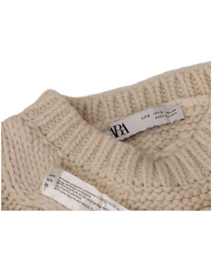 Zara Suéter feminino cropped com gola redonda Reino Unido 10 pequeno poliéster branco