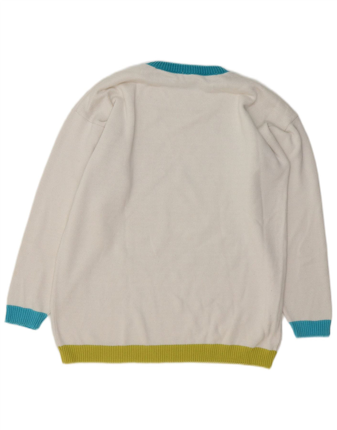 Suéter feminino VINTAGE com gola redonda Reino Unido 16 grande bloco colorido branco