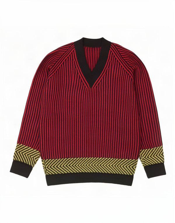 Suéter feminino vintage com decote em V UK 12 listrado vermelho médio