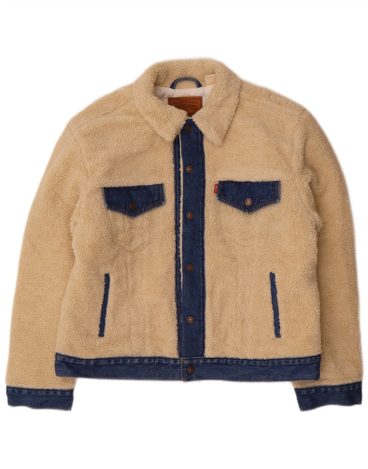 Jaqueta jeans feminina Levi's Crop Fleece UK 16 grande bloco colorido bege