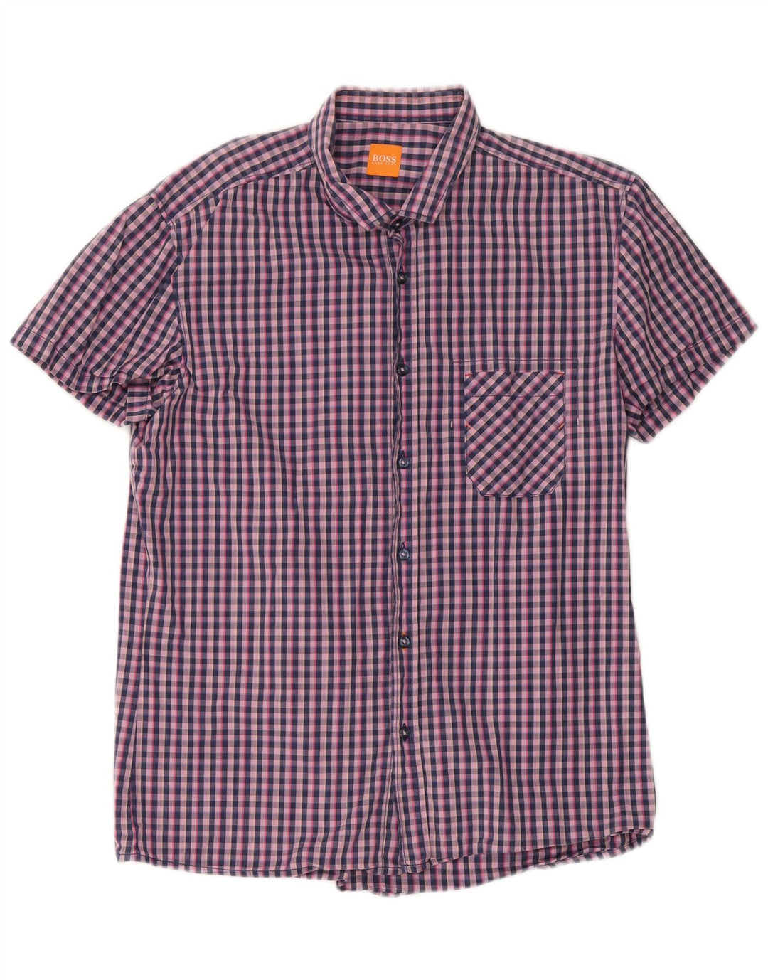 Camisa masculina de manga curta Hugo Boss grande algodão guingão azul marinho