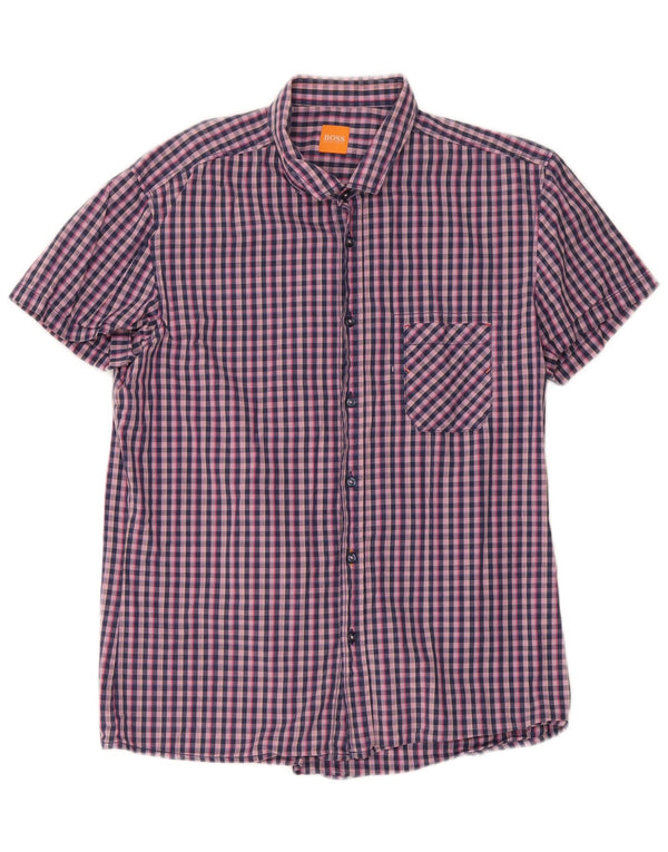 Camisa masculina de manga curta Hugo Boss grande algodão guingão azul marinho