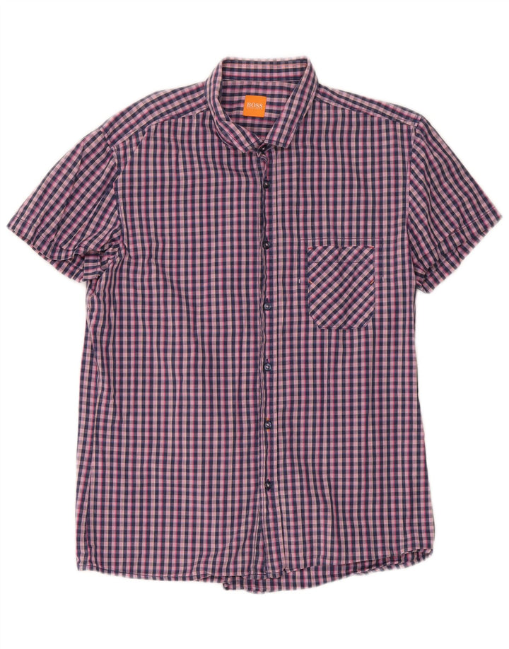 Camisa masculina de manga curta Hugo Boss grande algodão guingão azul marinho