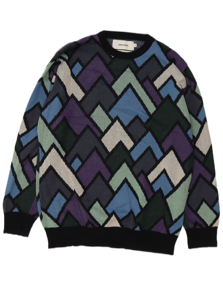 Suéter vintage masculino com gola redonda, algodão geométrico multicolorido médio
